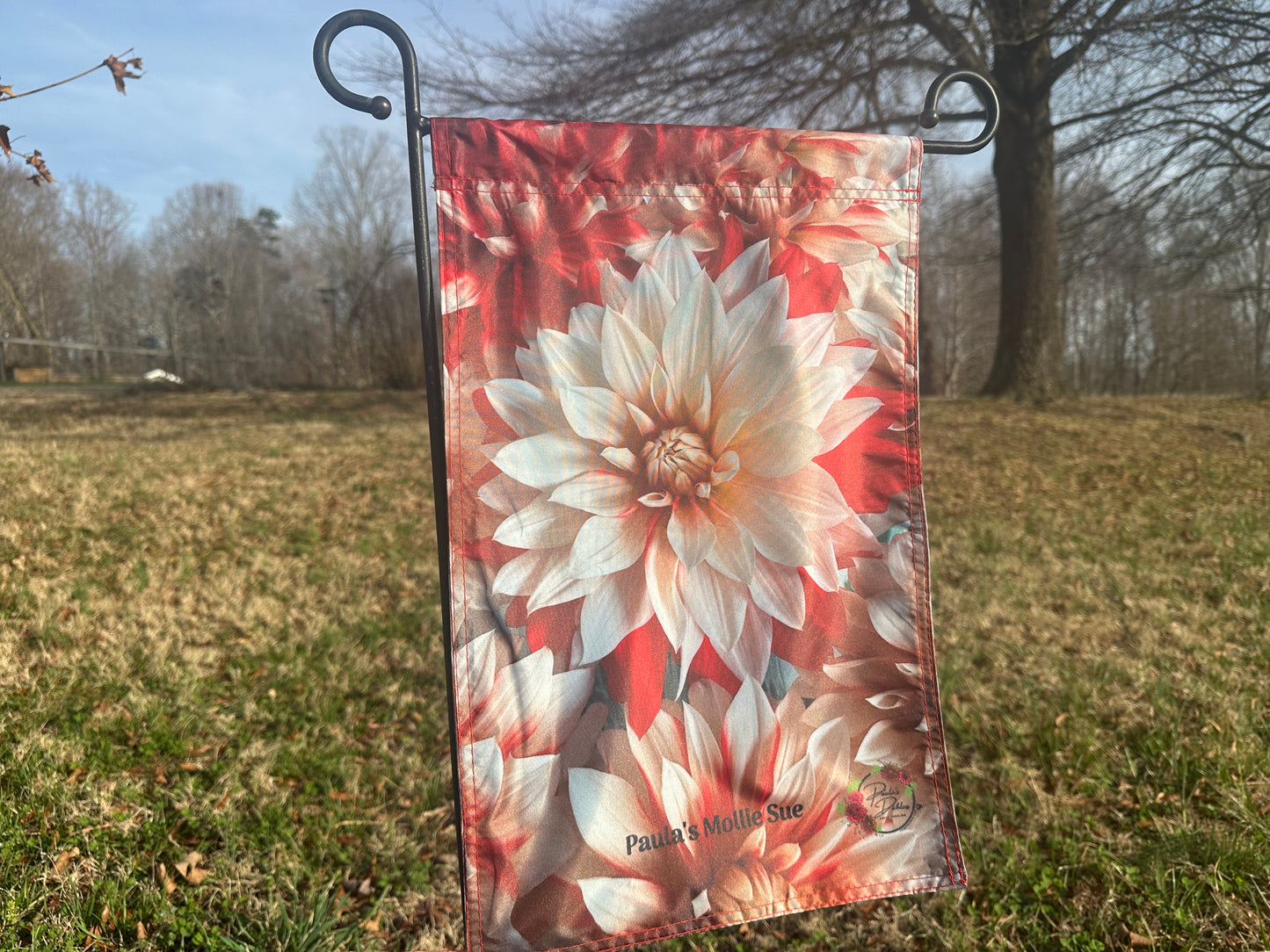 Decorative garden flag with Paula's Mollie Sue dahlias