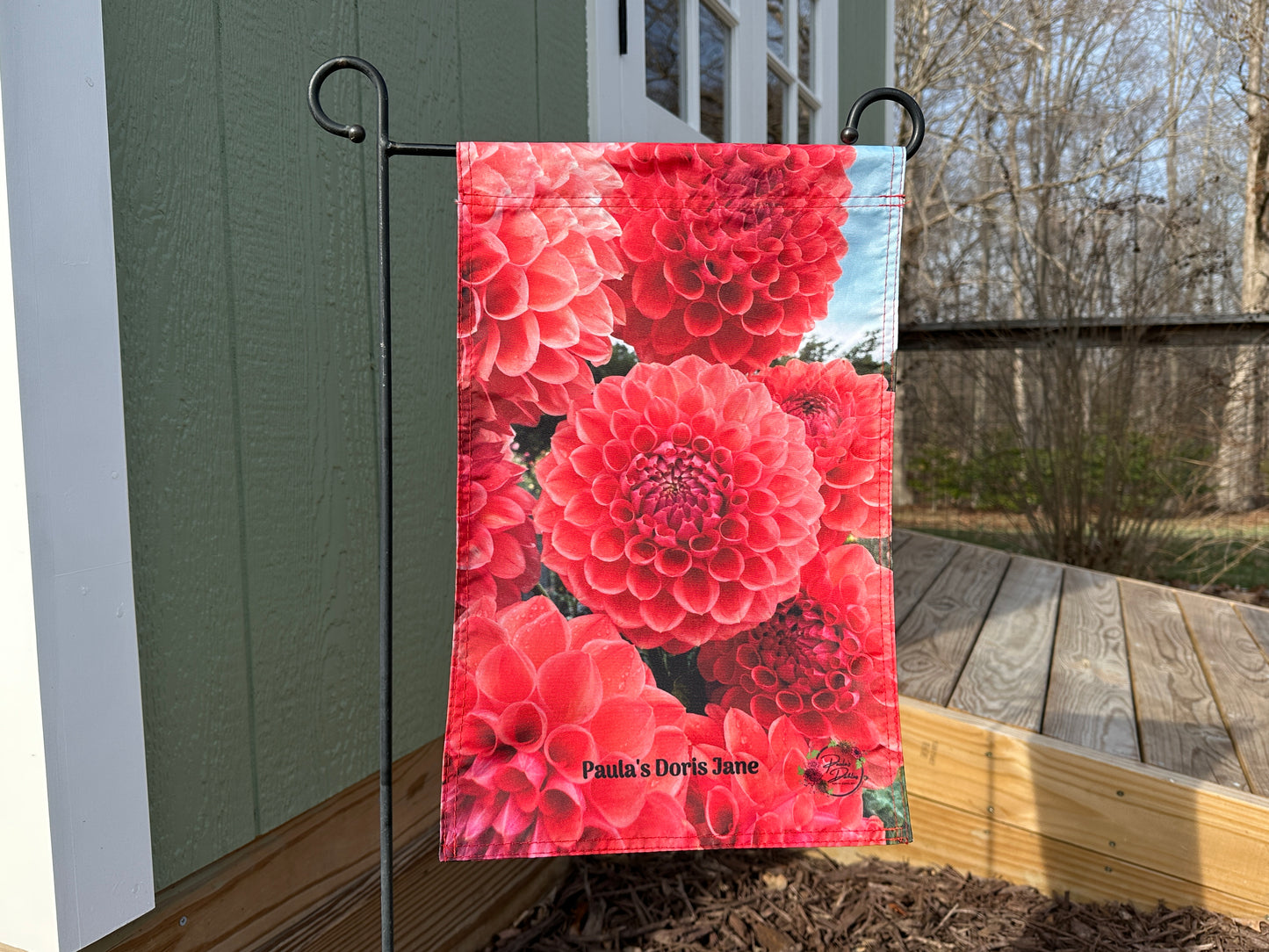 Garden flag with pink flowers of Paula's Doris Jane dahlias.
