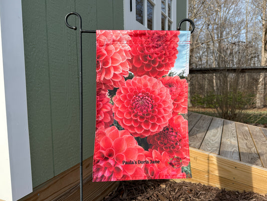Garden flag with pink flowers of Paula's Doris Jane dahlias.