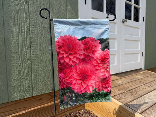 garden flag with Paula's Miss Confident dahlias