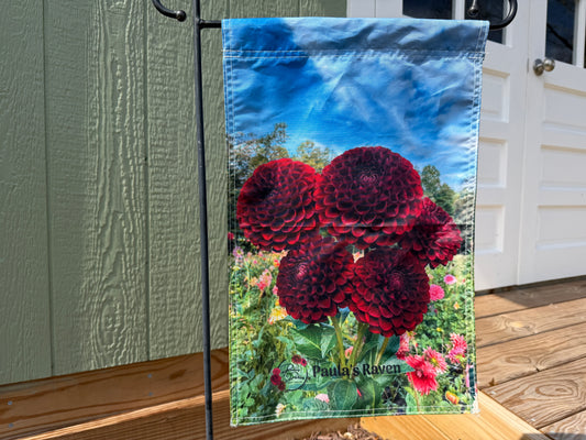 Decorative garden flag with Paula's Raven dahlias