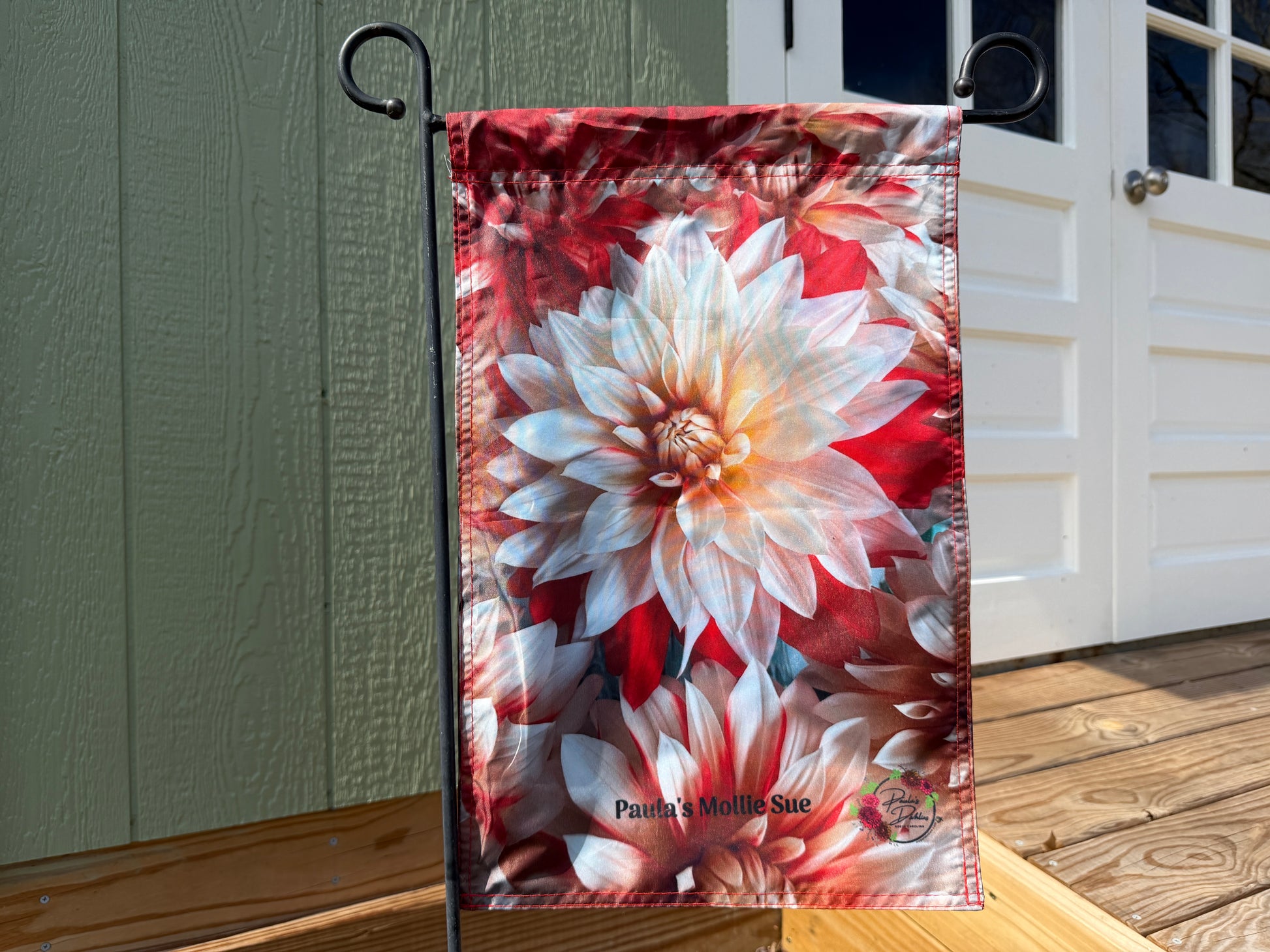 decorative garden flag with Paula's Mollie Sue dahlias