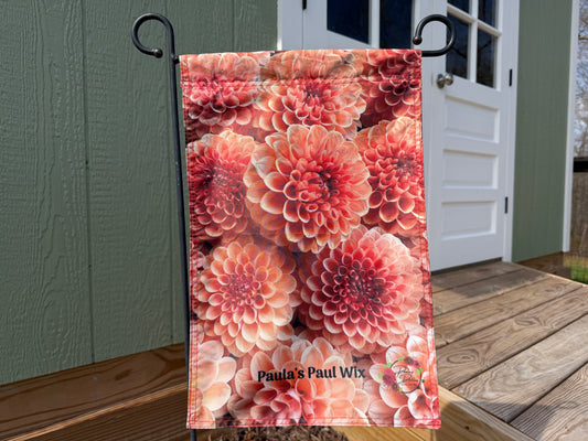 Pink flowers on a garden flag of Paula's Paul Wix dahlias